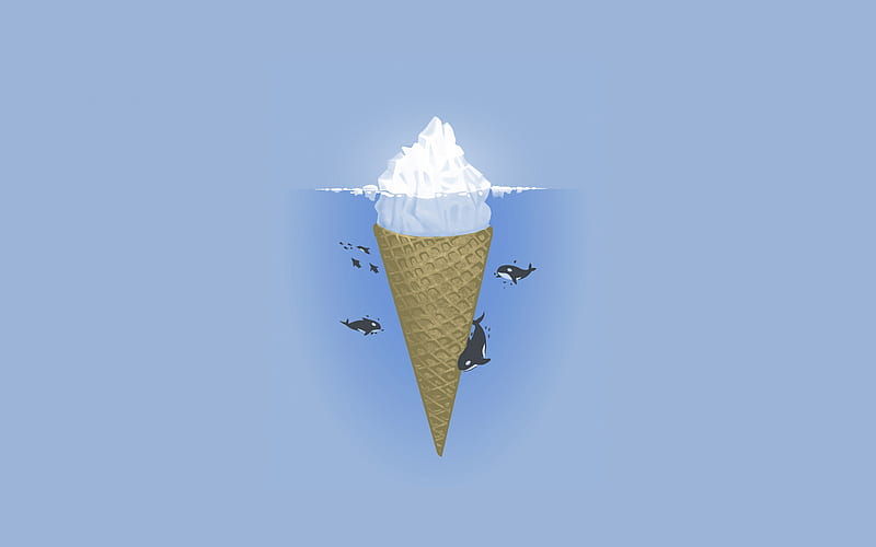 creative iceberg, ice cream, tip of the iceberg concepts, killer whales, blue background, HD wallpaper