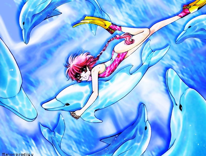 Swimming With The Dolphins, magic knights rayearth, dolphins, anime, Hikaru Shidou, bathing suit, pink hair, happy, HD wallpaper