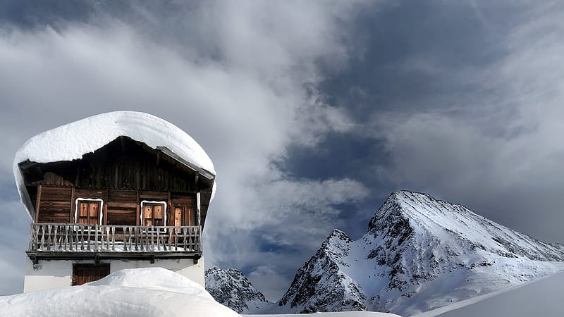 Snow Covered Chalet, house, chalet, snow, mountains, nature, clouds