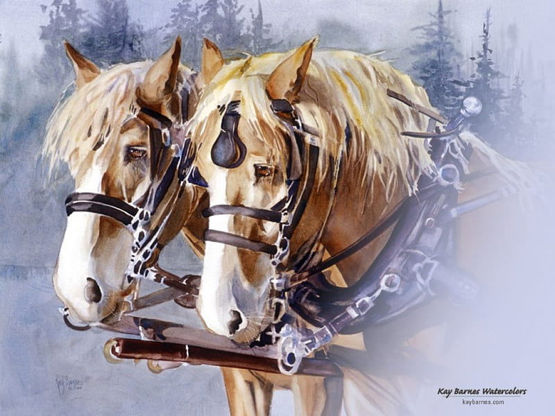 perfectly_paired, art, trees, horses, harness, HD wallpaper