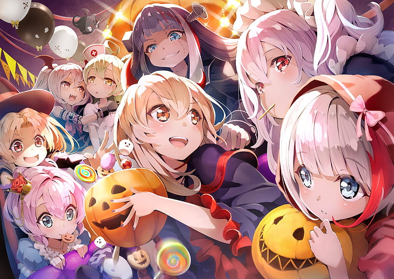 azur lane, halloween 2019, pumpkins, anime games, all characters, Anime, HD wallpaper
