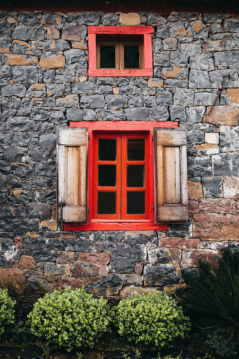 house, window, bushes, stone, HD phone wallpaper