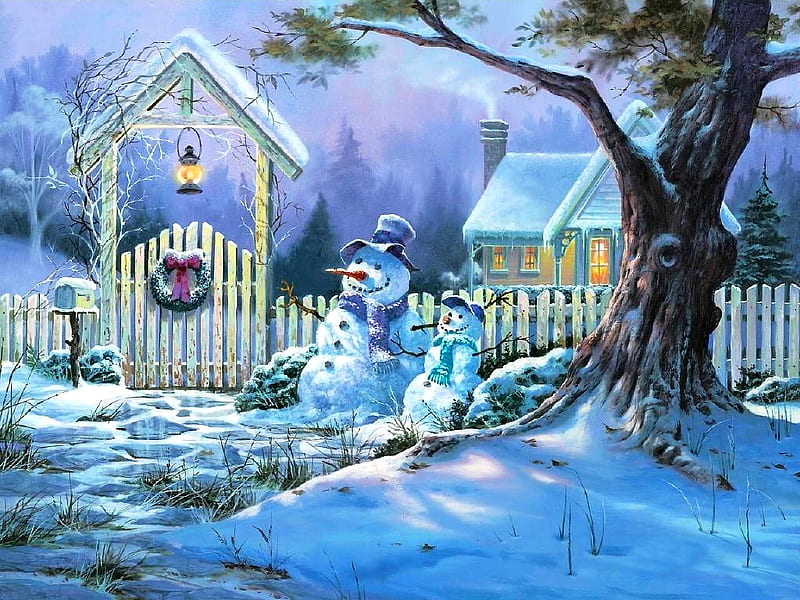 Christmas love, fence, pretty, silent, house, lightssnow, bonito, x-mas, door, fantasy, smoke, night, lamp, lovely, romance, christmas, houses, smile, snowman, winter, tree, peaceful, landscape, HD wallpaper