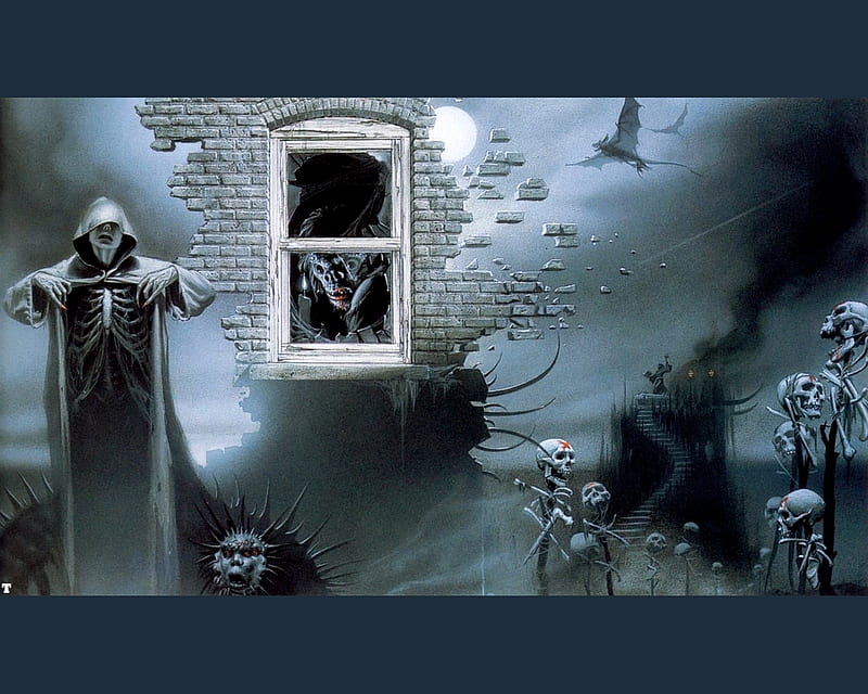 Deaths House, death, bricks, window, bats, evil, collage, monster, HD wallpaper