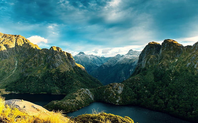 fjords, lake, sky, new zealand, mountains, rocks, HD wallpaper