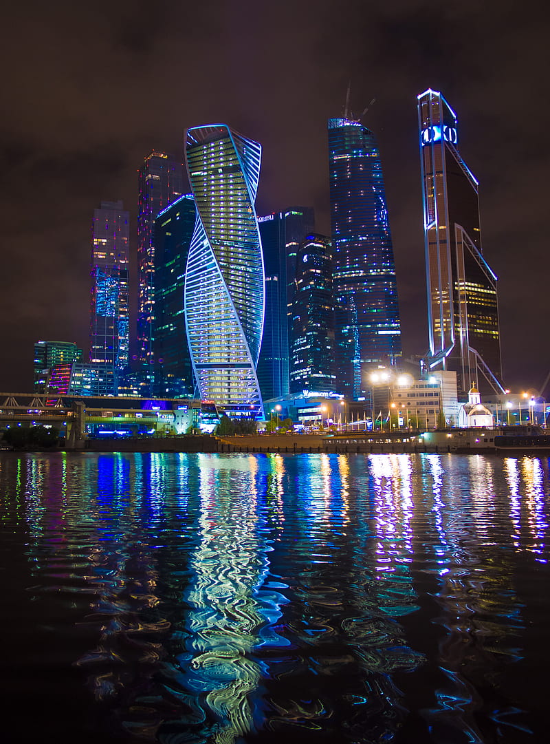 city, buildings, skyscrapers, lights, moscow-city, moscow, HD phone wallpaper