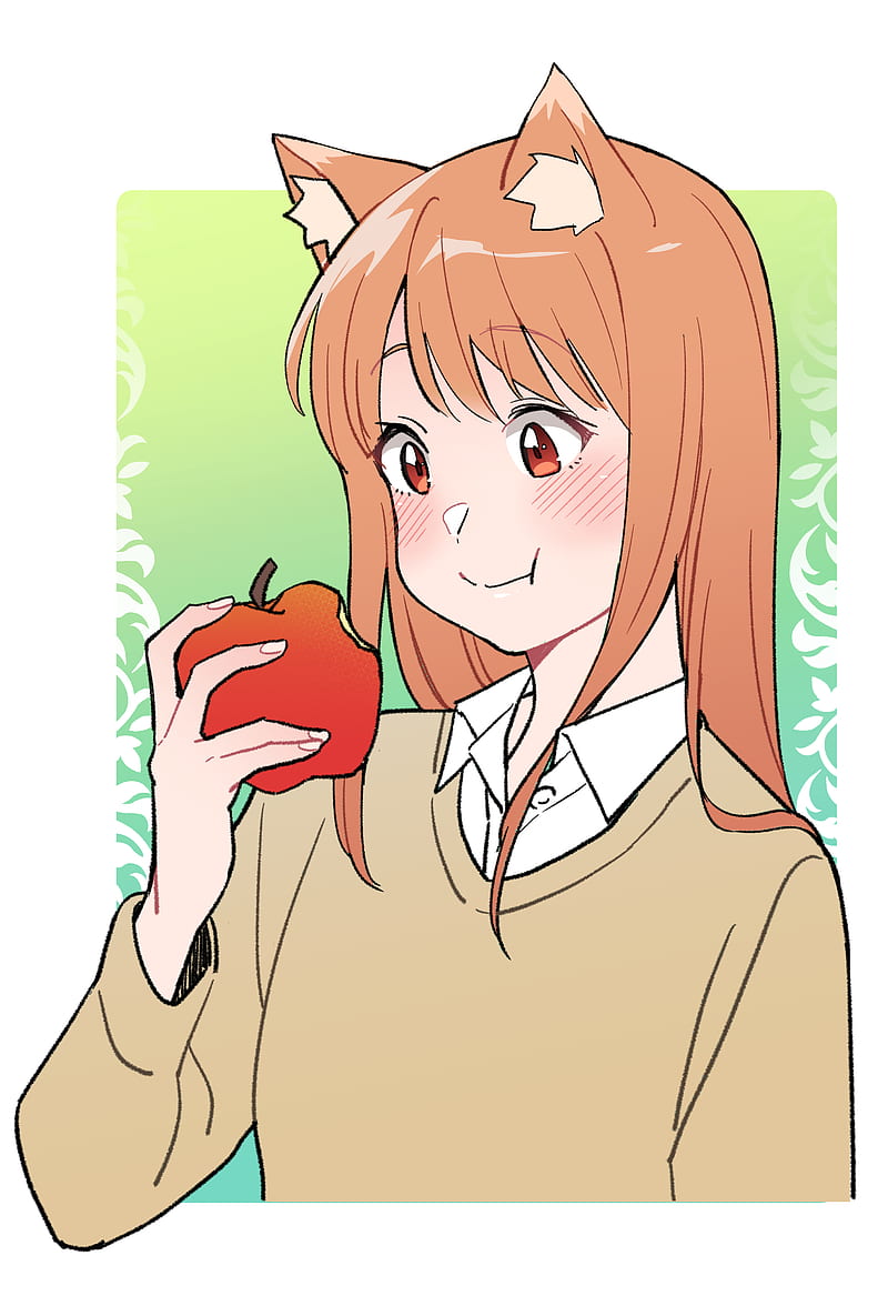 Spice and Wolf, anime girls, long hair, anime girls eating, apples, monster girl, fox girl, kitsunemimi , blushing, small boobs, Holo (Spice and Wolf), 2D, redhead, vertical, red eyes, fan art, HD phone wallpaper
