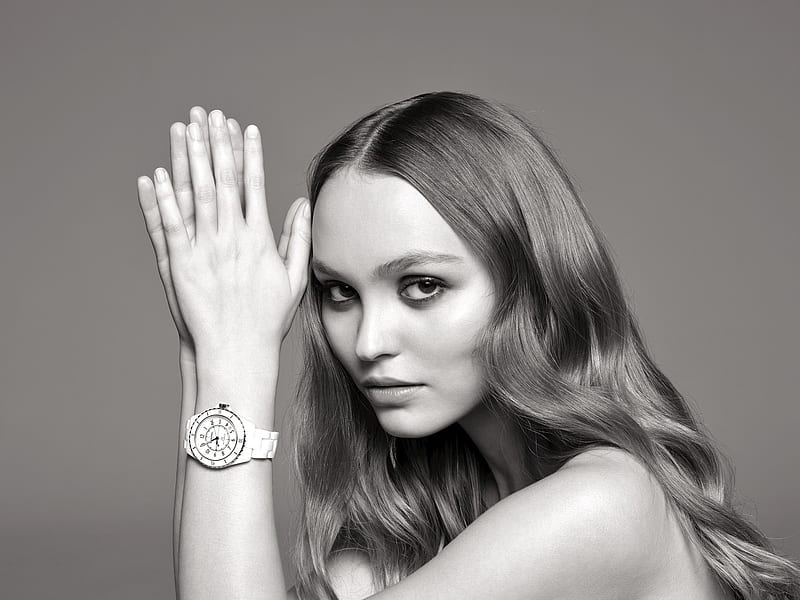 Lily Rose Depp Chanel J12 Watch Campaign, lily-rose-depp, celebrities, girls, actress, hoot, monochrome, black-and-white, HD wallpaper