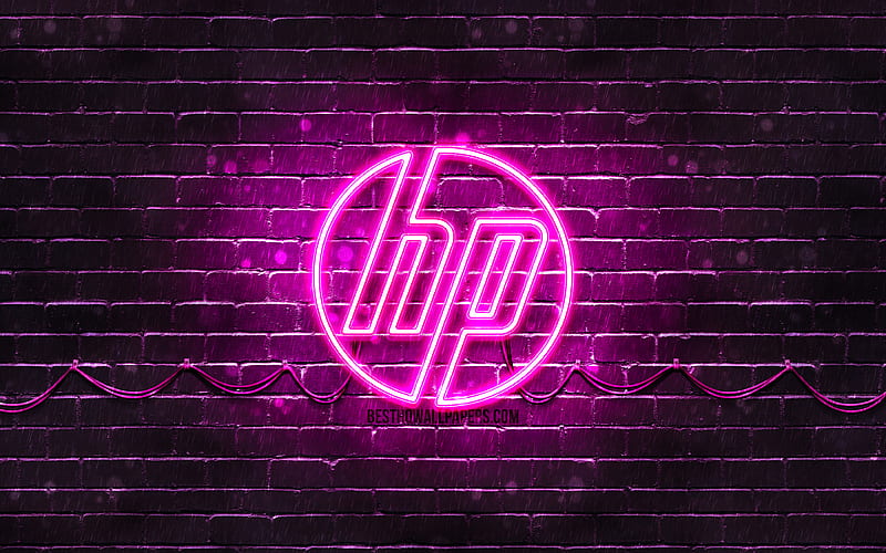 HP purple logo purple brickwall, Hewlett-Packard, HP logo, brands, HP neon logo, HP, Hewlett-Packard logo, HD wallpaper