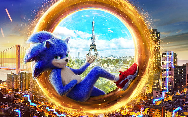 Sonic The Hedgehog, 2019 promotional materials, poster, characters, Sonic, Eiffel Tower, HD wallpaper