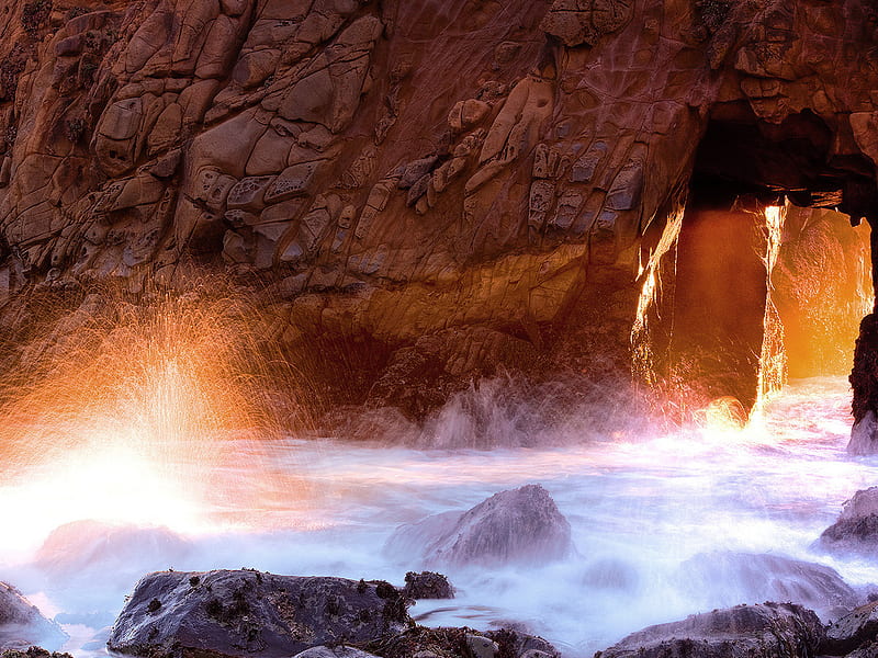 Grotto Splash, rocks, splash, water, river, cave, HD wallpaper