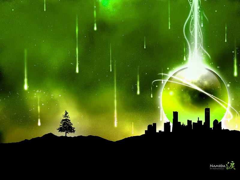 Green Rain !!!, 3d-art, black, abstract, event, tree, city, green, planet,  dark, HD wallpaper | Peakpx