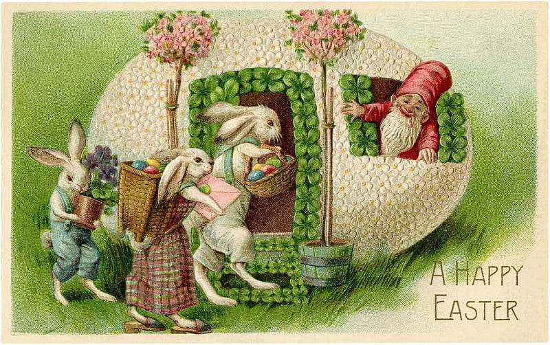 Happy Easter!, red, gnomes, rabbit, house, gnome, easter, card, egg, green, flower, bunny, dwarf, white, vintage, HD wallpaper