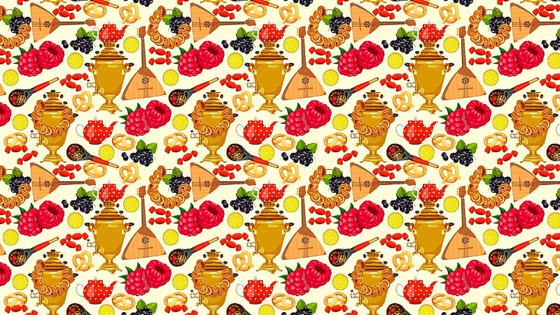 Pattern, instrument, yellow, red, fruit, samovar, tea, texture, orange, HD wallpaper