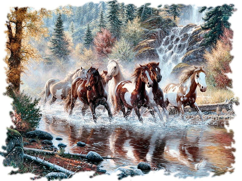 Stream Running - Horses F5mp, stream, art, galloping, equine, creek, horse, artwork, water, mountains, painting, running, river, HD wallpaper