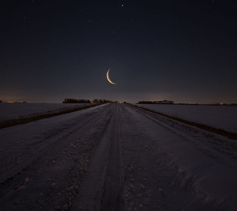 Winter Night Road, dark, field, moon, path, snow, stars, HD wallpaper