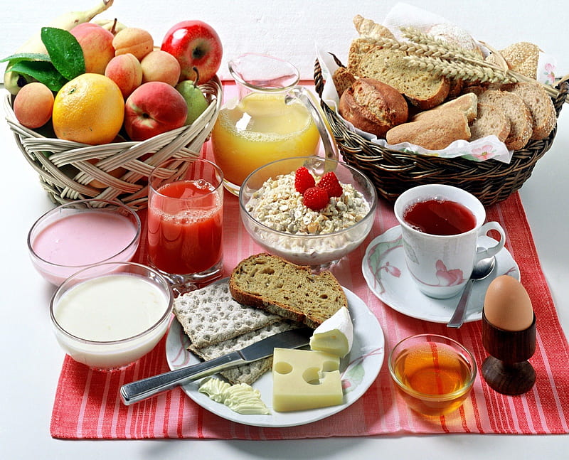 Delicious Breakfast, juice, food, drinks, fruits, bread, tea, bakery, egg, healthy, HD wallpaper