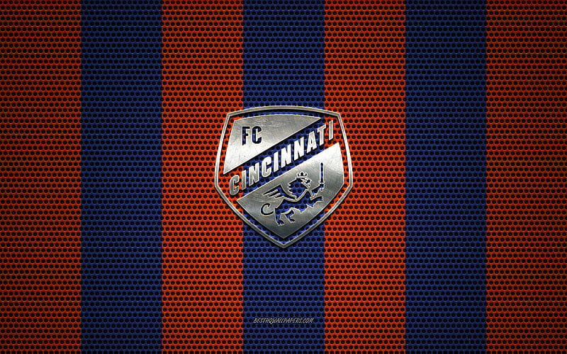 FC Cincinnati logo, American soccer club, metal emblem, orange-blue metal mesh background, FC Cincinnati, NHL, Cincinnati, Ohio, USA, soccer, HD wallpaper