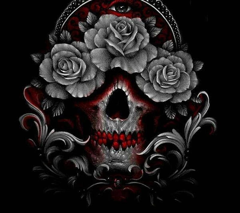 skull and rose, roses, HD wallpaper