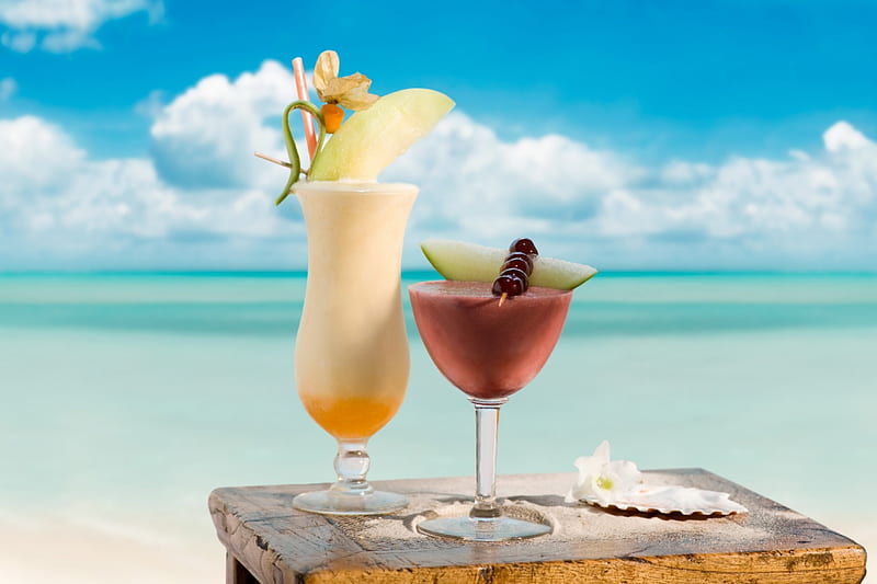 Tropical Cocktails, fruit, beach, cocktail, fresh, drinks, tropical, sea, HD wallpaper