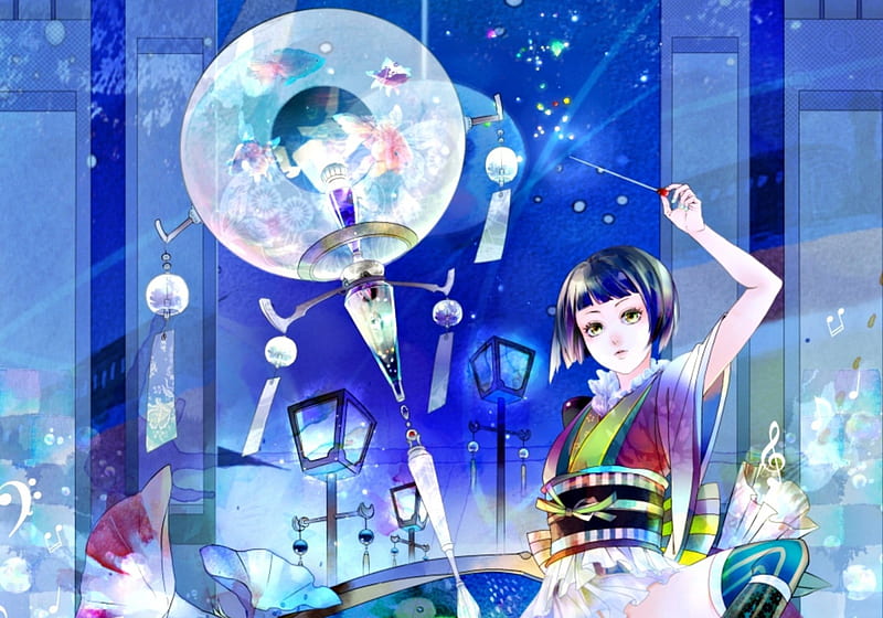 All night long, art, girl, anime, morning glory, saiga tokihito, manga, blue, HD wallpaper