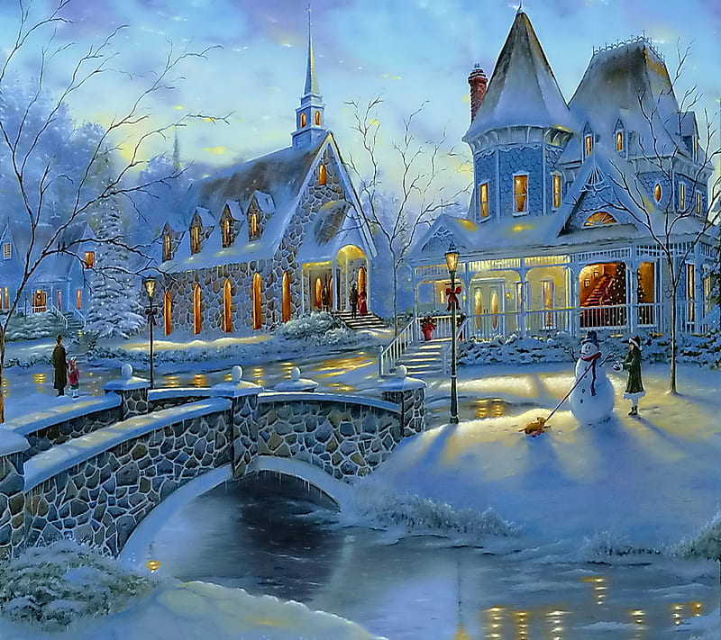 Christmas Eve, house, snow, winter, HD wallpaper