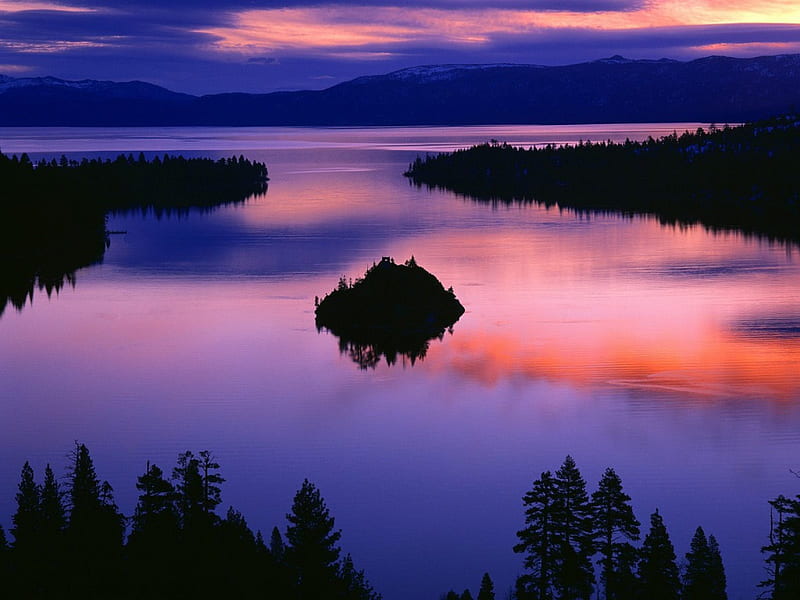 Twilight Color at Emerald Bay Lake Tahoe California, emerald bay, california, bonito, sunset, emerald, twilight, trees, lake, water, tahoe, sunrise, bay, HD wallpaper