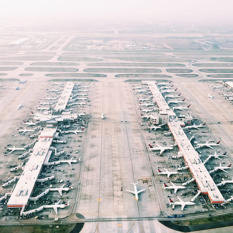 aerial view of airport with lots of airplanes during daytime, HD phone wallpaper