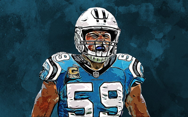 Luke Kuechly Carolina Panthers, grunge art, creative, American footbal, linebacker, NFL, USA, National Football League, blue grunge background, HD wallpaper