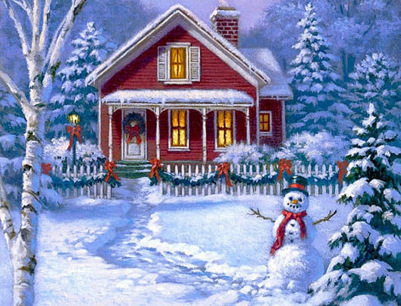 ★Red House of Snowman★, Christmas, christmas tree, holidays, lovely, white trees, houses, love four seasons, bonito, snowman, xmas and new year, winter, paintings, red house, snow, winter holidays, HD wallpaper