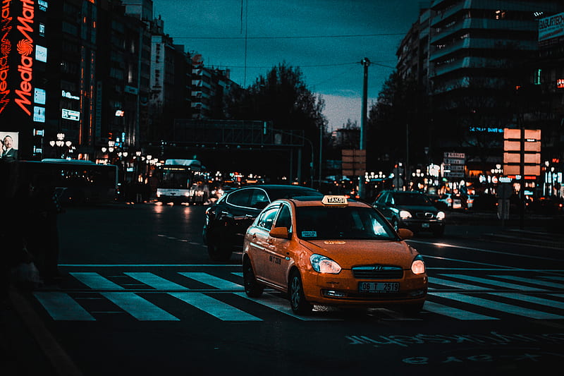 yellow taxi cab on pedestrian lane during night time, HD wallpaper
