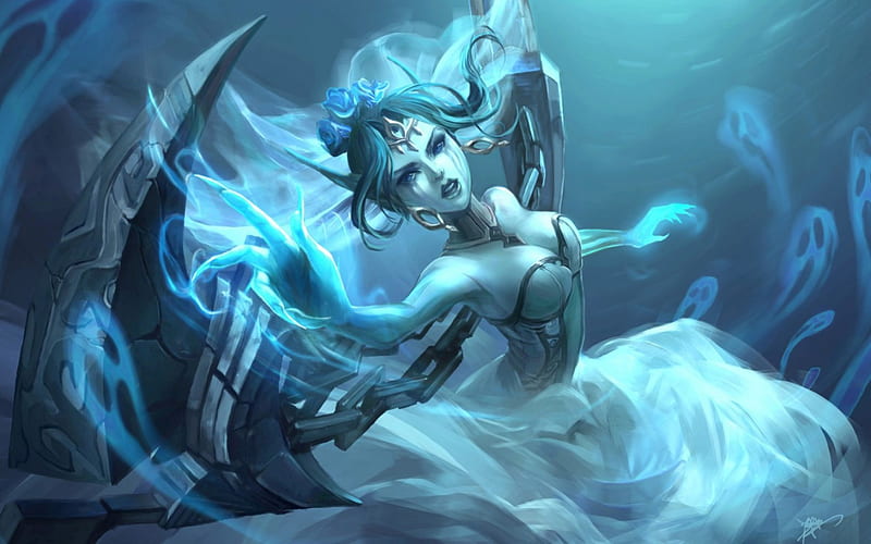 Morgana, art, game, woman, league of legends, fantasy, girl, koloromuj, blue, HD wallpaper
