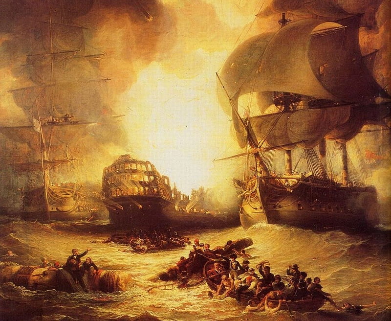 Burning Sailing Ship, desperation, fire, drowning people, brown, sailing boat, yellow, life boat, HD wallpaper