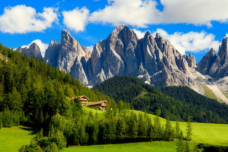 Peaks of the Odle-Geisler group in the South Tyrol, Italy, rocks, cottages, grass, Italy, travel, bonito, mountain, group, cliffs, dolomites, hills, view, houses, greenery, sky, trees, south, Tyrol, slope, landscape, HD wallpaper