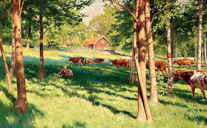 Pasture, painting, bonito, cows, HD wallpaper