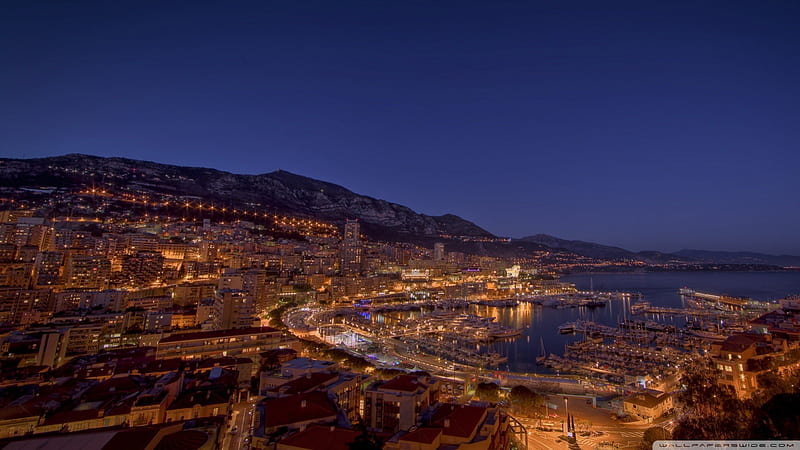 monte carlo marina at night, marina, city, hill, lights, night, HD wallpaper