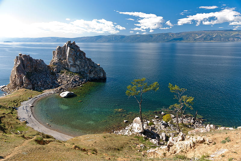 Lake Baikal, rocks, baikal, clouds, lake, HD wallpaper