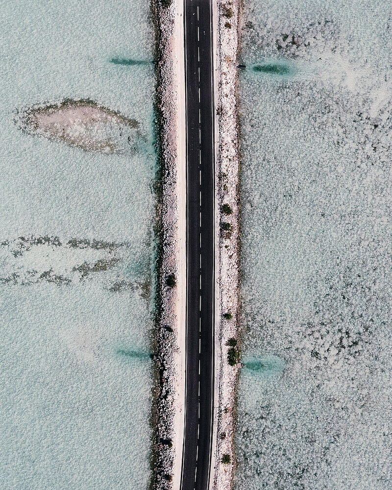road, dam, aerial view, ice, frozen, HD phone wallpaper