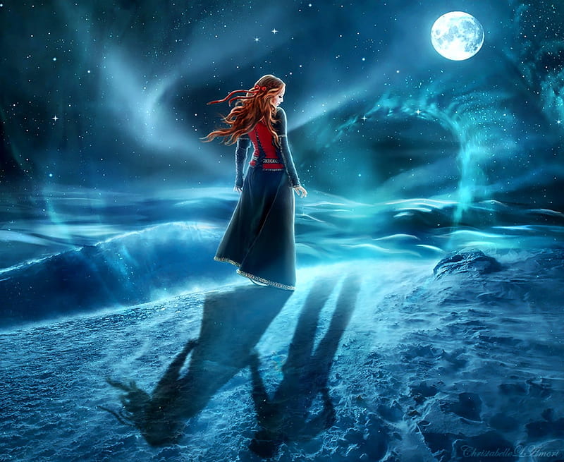 forever by your side, redhead, space, fantasy, moon, full moon, love, SkyPhoenixX1, couple, frost, night, stars, shadow, sky, abstract, winter, spirit, boy, ghost, girl, snow, magical, ice, moonlight, moonlight shadow, landscape, HD wallpaper