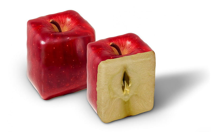 Red Apple, apple, fruit, red, square, cube, funny, white, HD wallpaper