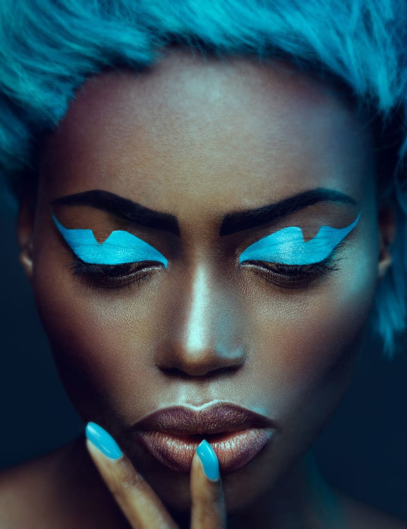 women, model, blue hair, blue nails, painted nails, vertical, HD phone wallpaper