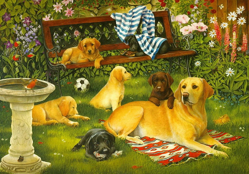 Labradors, pretty, puppies, painting, flowers, friends, team, playing, art, rest, bench, fun, joy, pets, yard, summer, garden, dogs, HD wallpaper