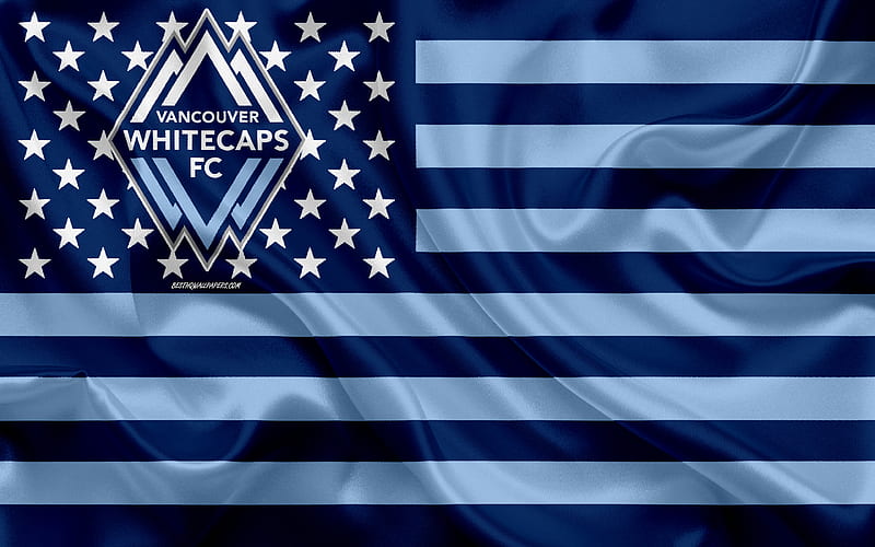 Vancouver Whitecaps FC, Canadian soccer club, American flag, blue flag, MLS, Vancouver, British Columbia, Canada, USA, logo, emblem, Major League Soccer, silk flag, soccer, football, HD wallpaper
