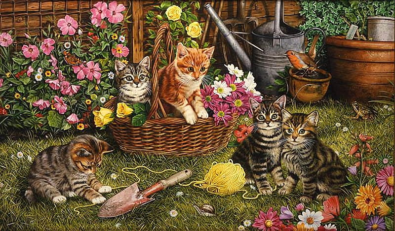 Rosemary Millette, art, bird, painting, flower, garden, cat, kitten, HD wallpaper