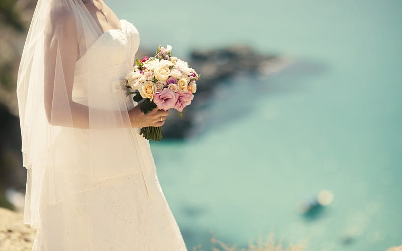 bride, wedding dress, wedding bouquet in hand, roses, wedding concepts, HD wallpaper