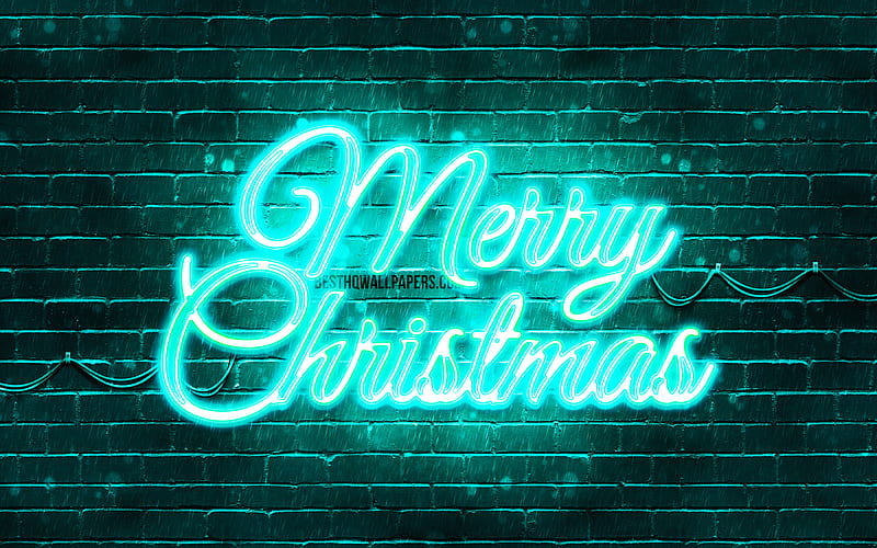 Turquoise neon Merry Christmas Turquoise brickwall, Happy New Years Concept, Turquoise Merry Christmas, creative, Christmas decorations, Merry Christmas, xmas decorations, HD wallpaper