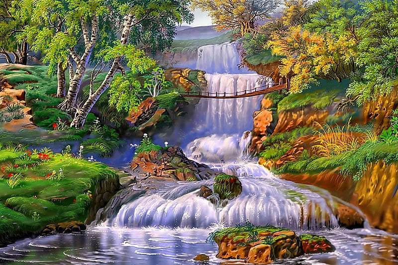 Autumn Waterfall, painting, waterfall, forest, autumn, HD wallpaper ...