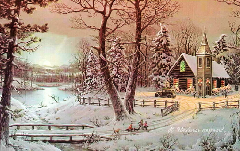 Country Christmas, fence, house, church, trees, artwork, winter, snow, bridge, people, car, path, HD wallpaper