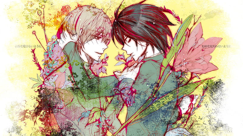 light yagami is comforting yaoi with colorful flowers around death note anime, HD wallpaper