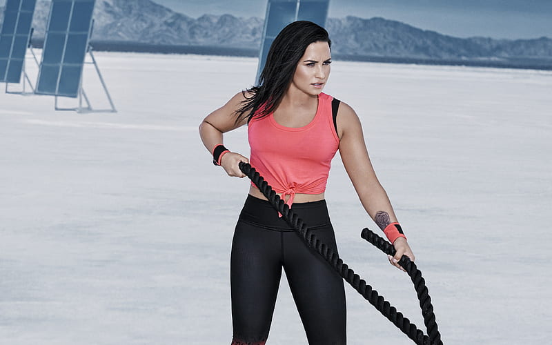 Demi Lovato American singer, sports womens outfit, fitness, exercises with a rope, actress, HD wallpaper